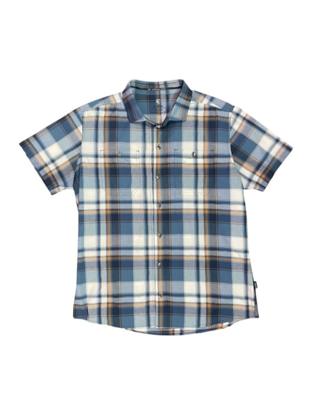 KÜHL STYK Short Sleeve Plaid Shirt Blue Orange UPF 30 Men’s Medium